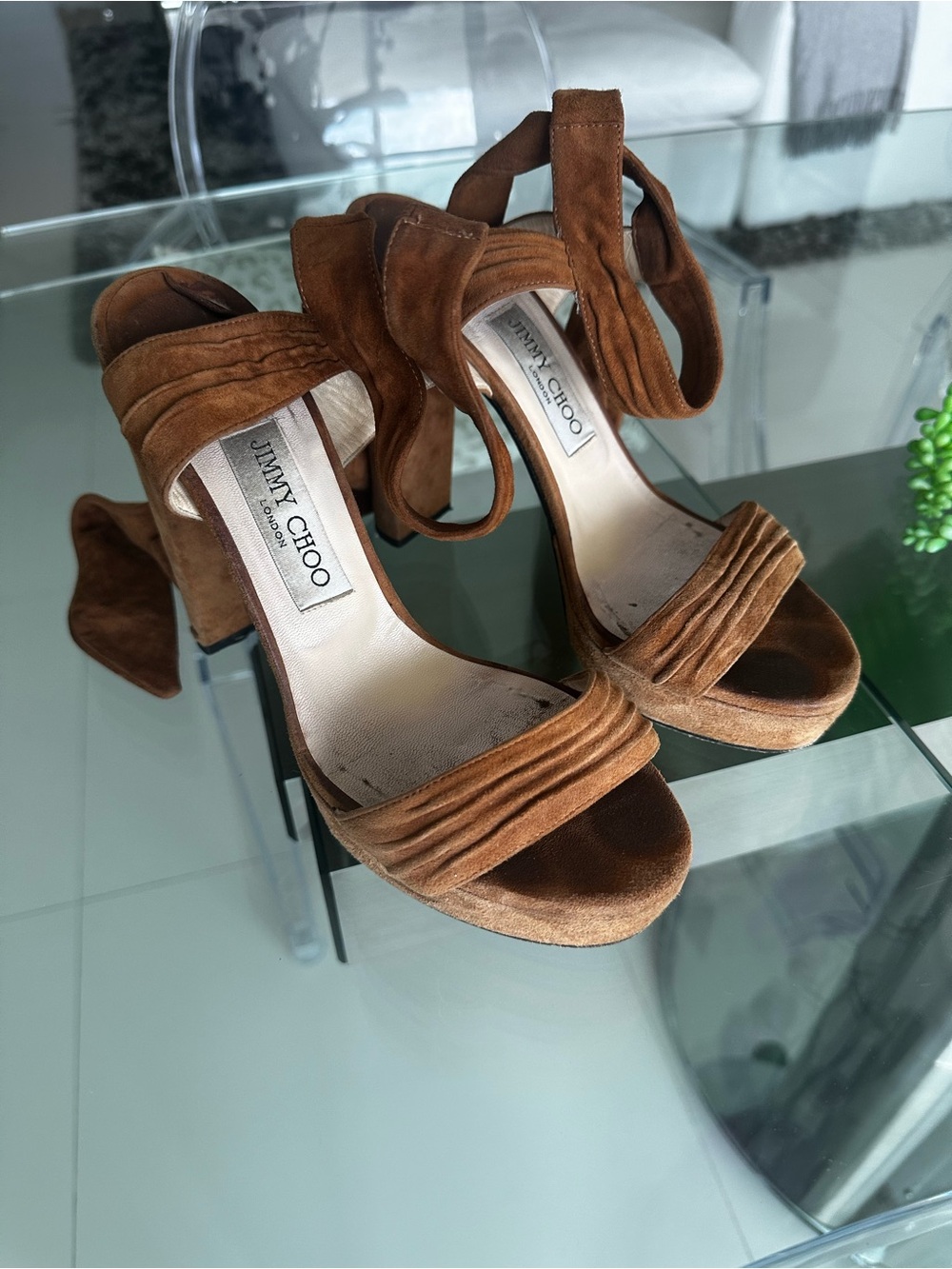 Jimmy Choo Tan Suede Wrap Strap Block Heels